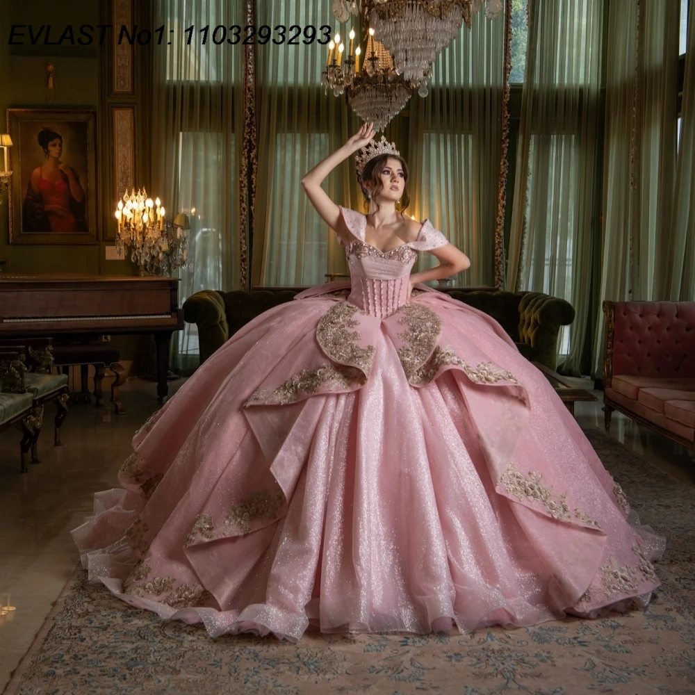 EVLAST Customized 2026 Pink Quinceanera Dress Ball Gown Gold Lace Applique Beading Tiered Sweet 16 Vestidos De 15 Anos E1QN831
