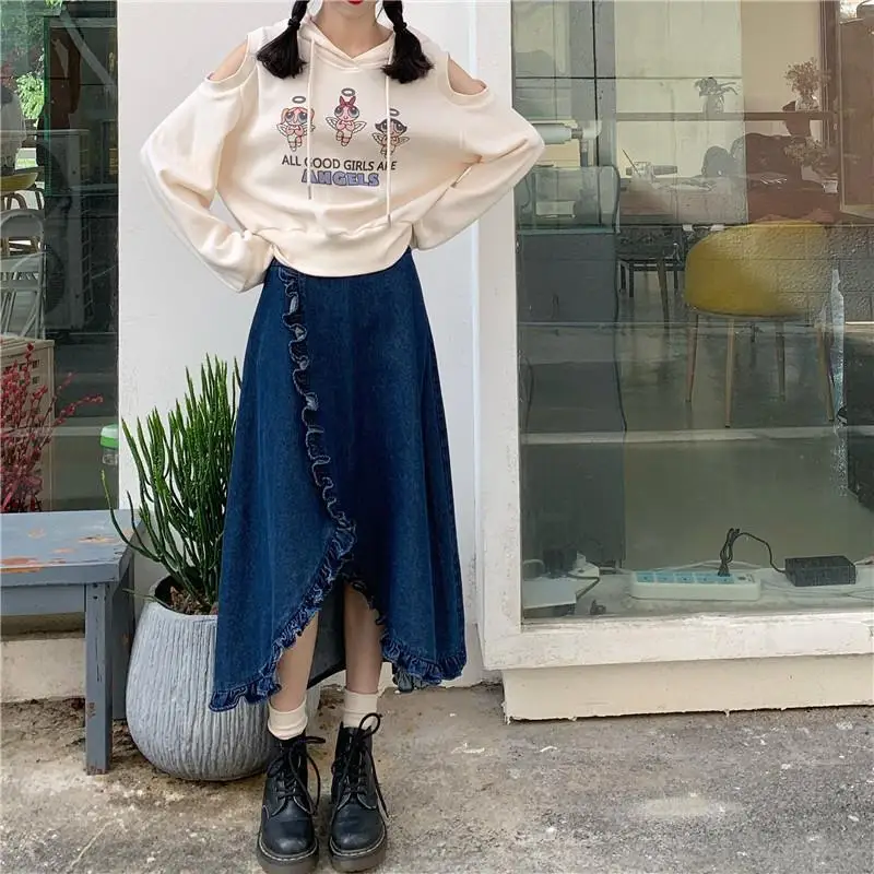 

Denim Skirts Women Ruffles Simple Creativity Special Elegant Lovely All-match Spring Korean Style Daily Vintage Delicate Cozy