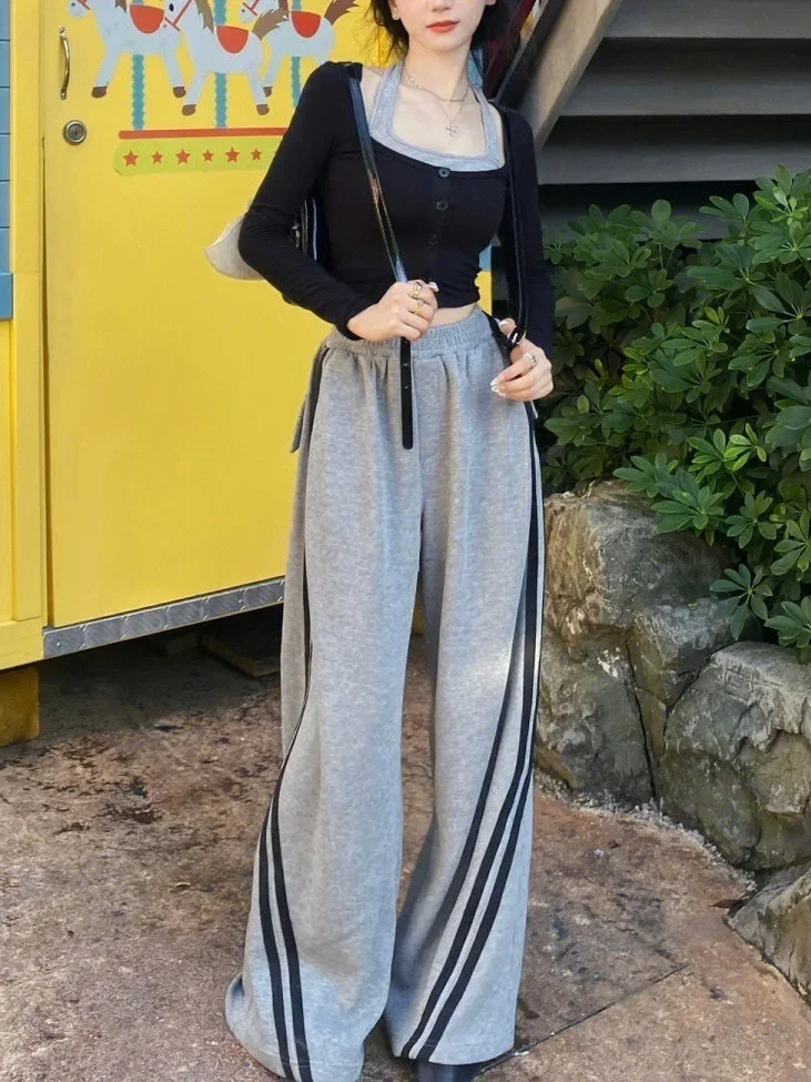 Women Wide Leg Sweatpants Gray Oversized Casual Vintage Sports Trousers Baggy Female Korean Streetwear Y2k Side Striped