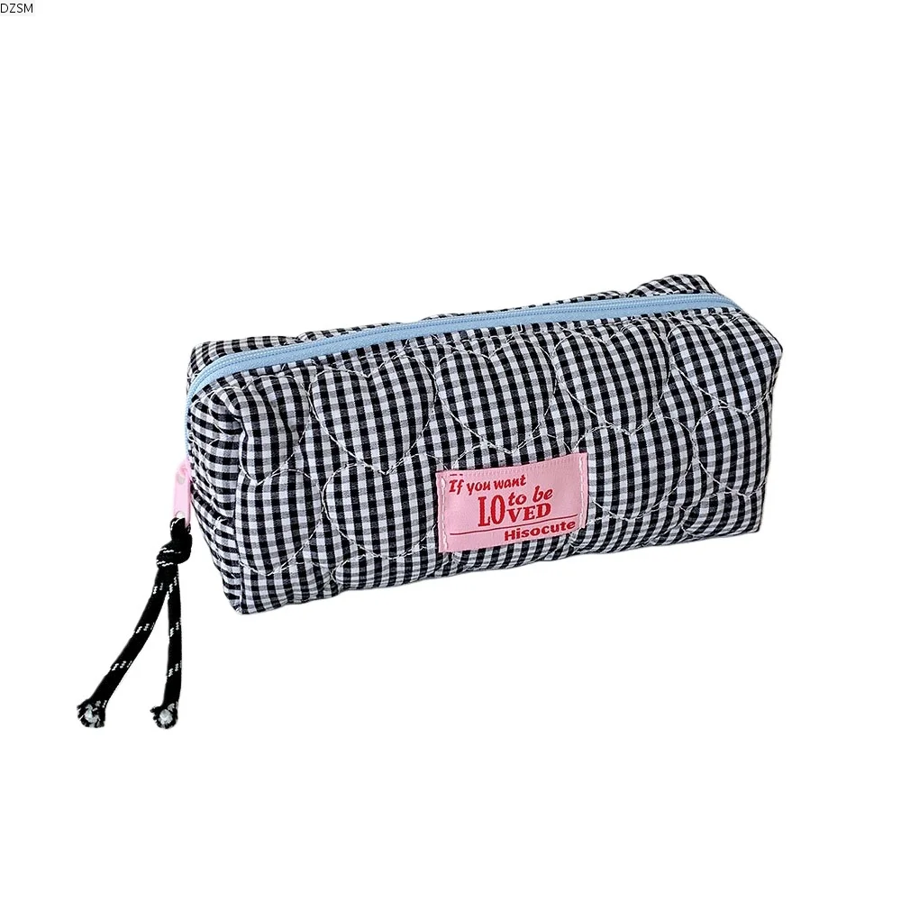 Cloth Korean Plaid Stationery Bag Pen Bag Grid Pattern Plaid Heart Pencil Case Large Capacity Love Heart Pencil Pouch Student