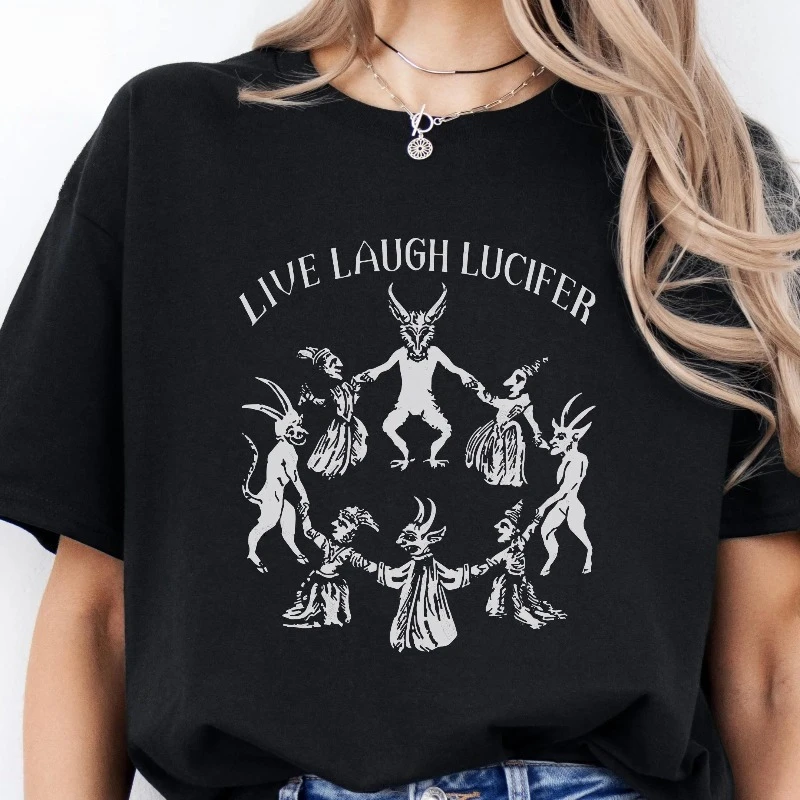 قميص Live Laugh Lucifer، قميص بدون أكمام شيطاني، قميص سبت الساحرات، ملابس بديلة للرجال، تي شيرت مضحك للسحر، Merch القوطي #1