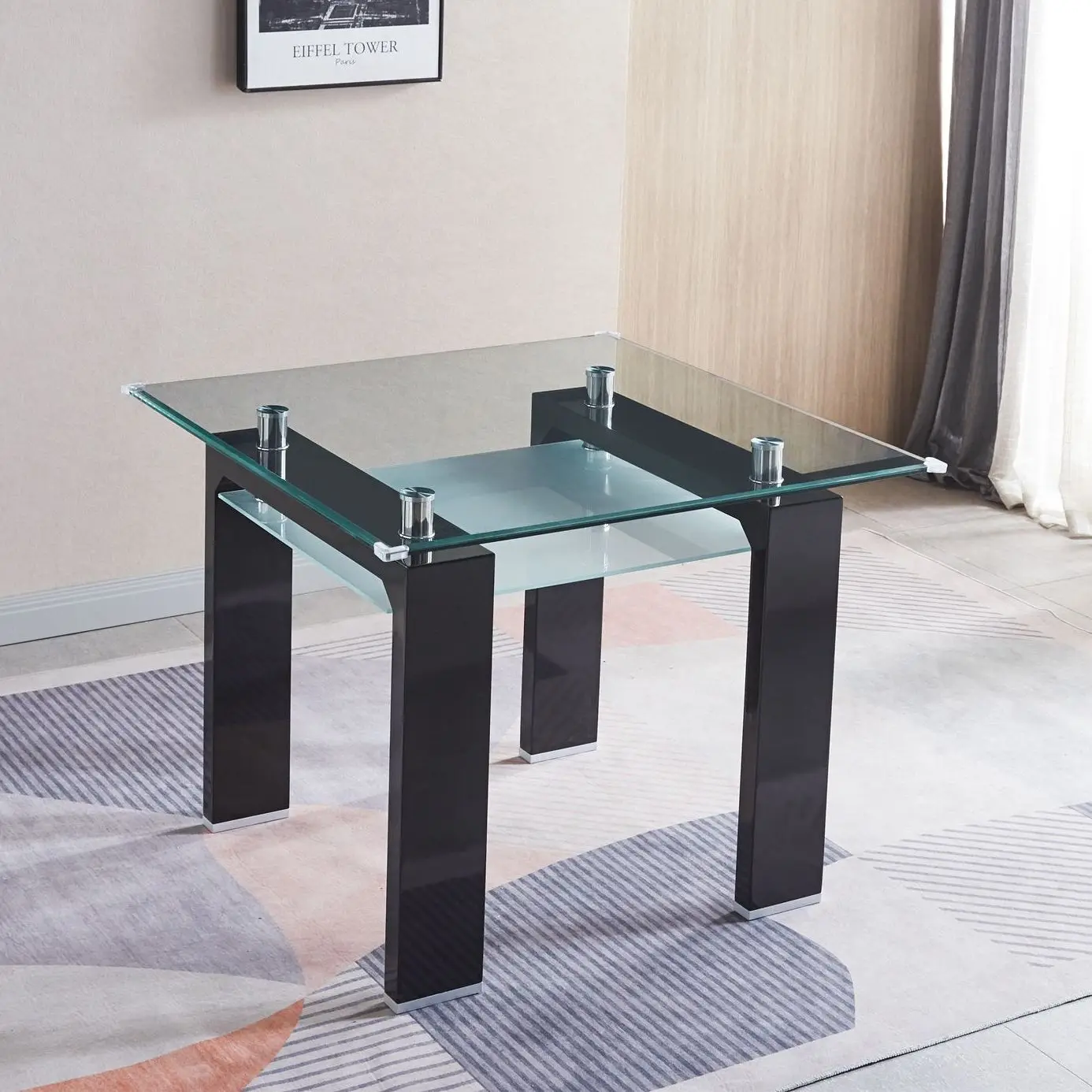 [Flash Sale]39.4x39.4x29.5Inch Tempered Glass Top Square Double-Layer Dining Table with Black/White MDF Legs[US-W]