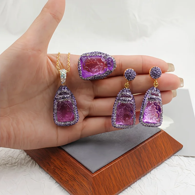 YEEVAA 1 Pair Of Earrings + 1 Necklace + 1 Ring Stylish Jewelry Set Inlaid Natural Purple Stone Symbol Of Fortune And Happiness