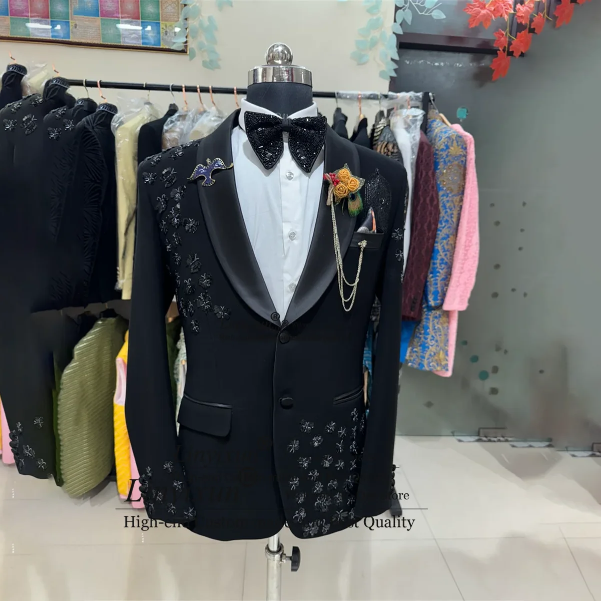 

Elegance Gem Stones Laleped Special Tuxedos Men Suits 2 Pieces Sets Dinner Prom Blazers Luxury Customized Business Costume Homme