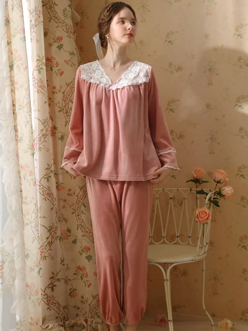 Smile Sleeping Loungewear pour femme, col en V chaud, nickel é, vintage, princesse douce, glunel, ensemble 2 pièces, lieu, automne, hiver