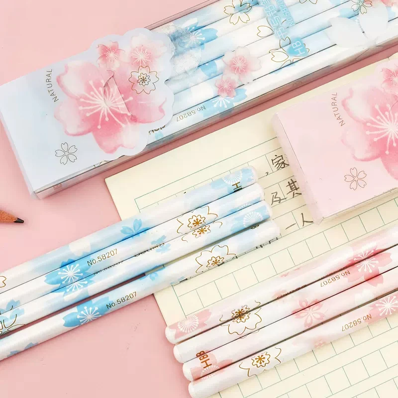 12pcs Kawaii Cherry Blossom Pencils HB Standard Wooden Pencils for School Drawing Sketch Pens Korean Stationery Office Supplies