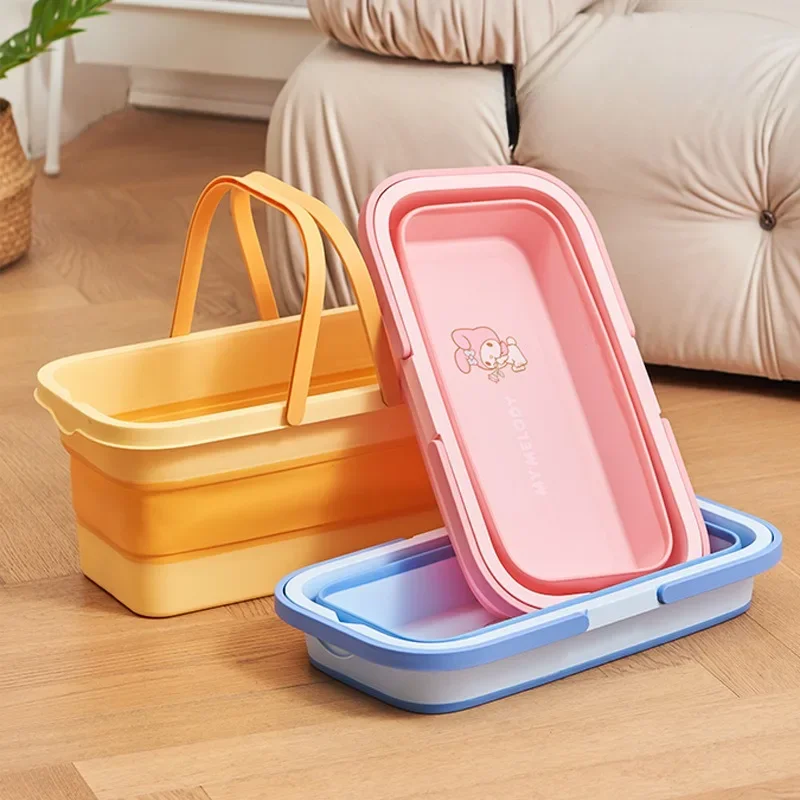 Sanrio My Melody Kuromi Folding Bucket Anime Character Printing Portable Silicone Rectangular Drain Basin Home Cleaning Tools