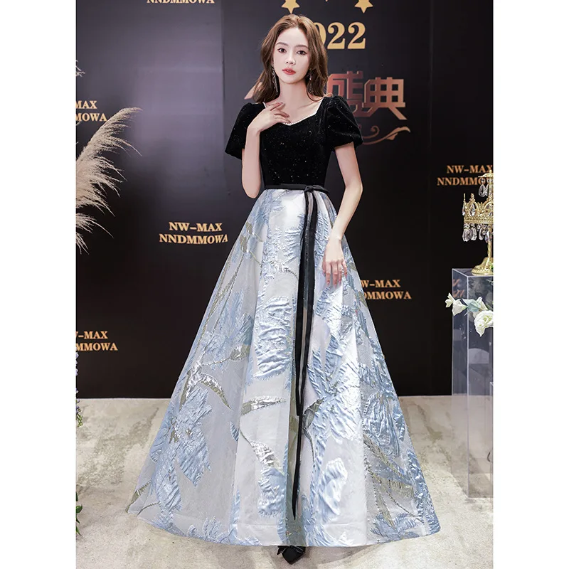 

Black Patchwork Evening Dress Women Pearl Square Collar Flower Printing Choir Host Dresses French Style Banquet Prom Gown