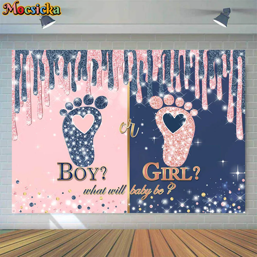 

Mocsicka Pink and Dark Blue Gender Reveal Backdrop Boy or Girl Baby Shower Photo Background Newborn Footprint Party Decor Banner