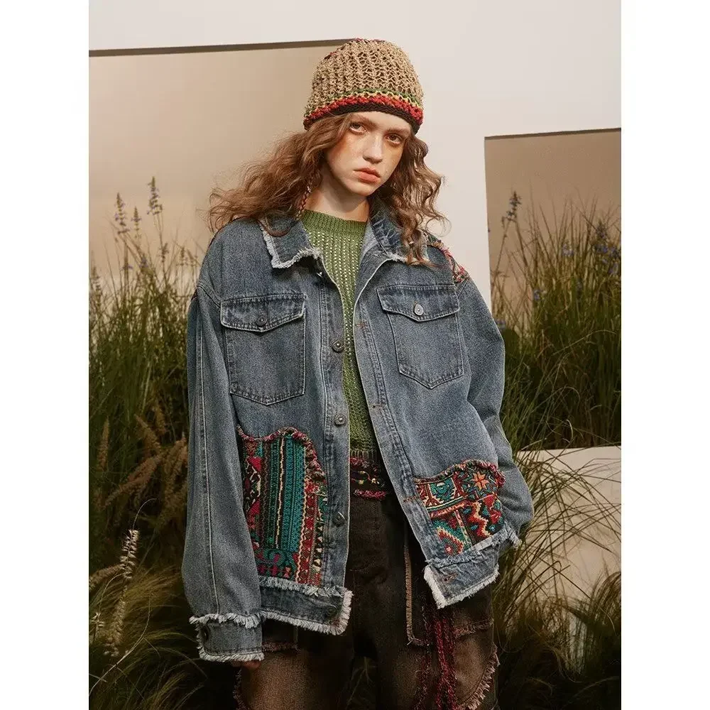 

Vintage Patchwork Denim Jacket Men Women Clothing Streetwear Spring Autumn Coats Harajuku Cowboy Outerwear Long Sleeve Buttons