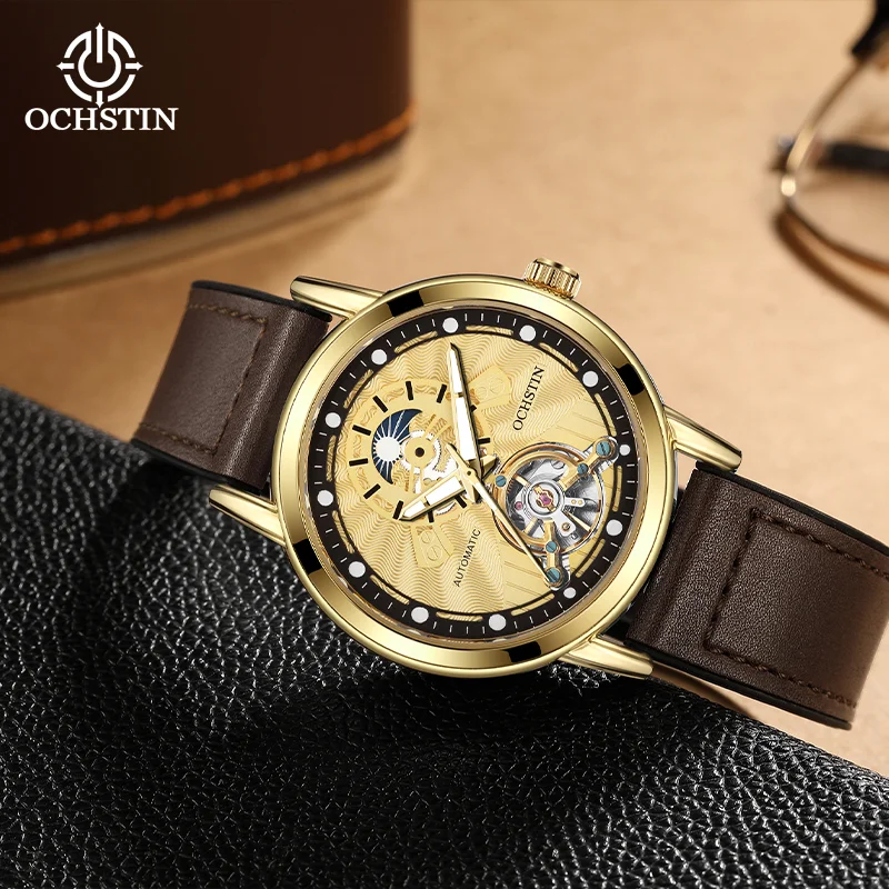OCHSTIN メンズ スケルトン機械式ムーブメント腕時計 レザーラップラバーストラップウォッチ 男性用フライングトゥールビヨン高級時計