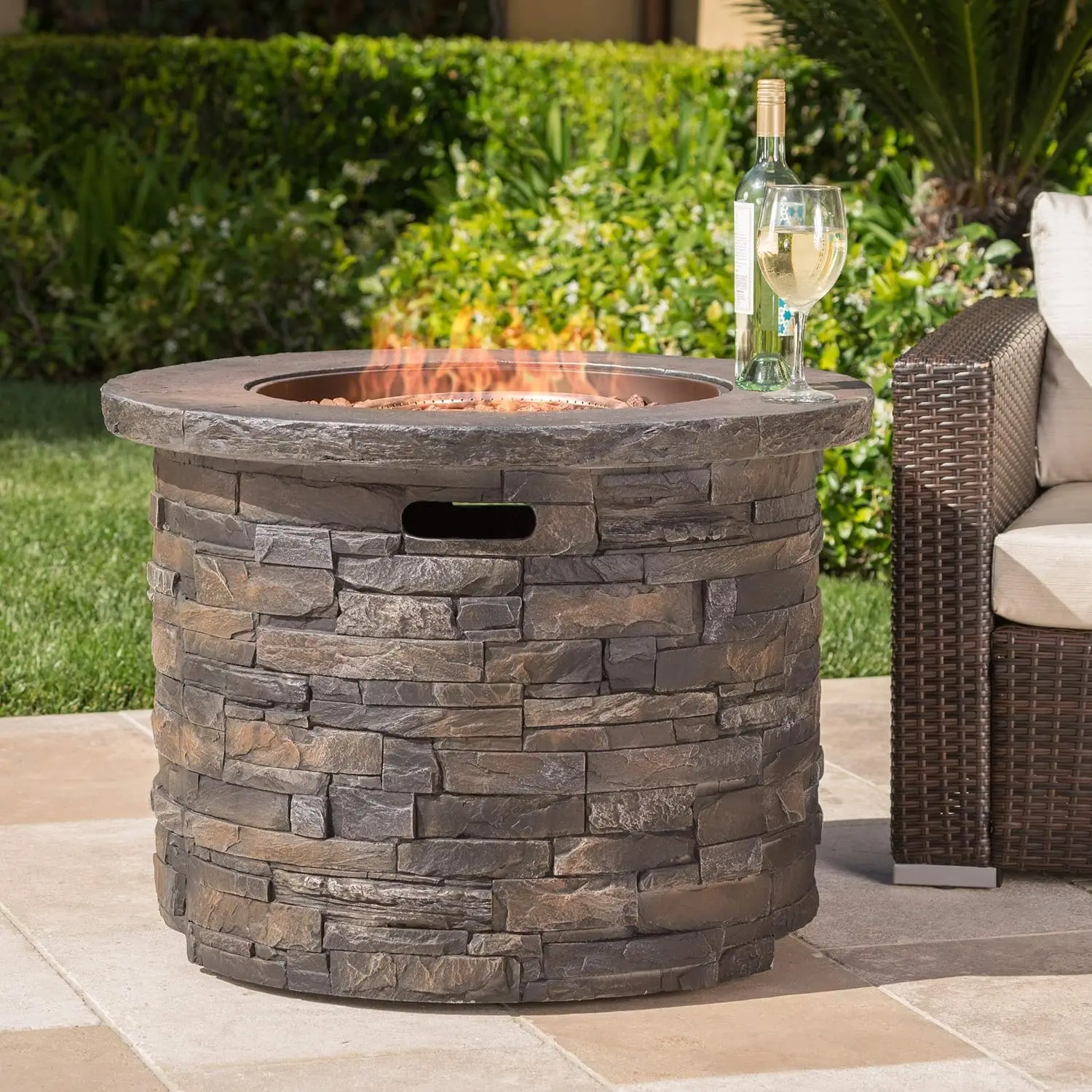 

Patio Furniture Outdoor Propane (Gas) Fire Pit 40,000BTU (Table)(Grey Stone/Round)