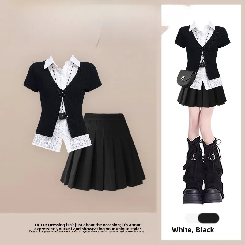 Summer 2026 Casual Elegant Plaid Two-Piece Set Women's Fashion Ensemble Short Sleeve Top And Pleated Skirt Slimming Effect