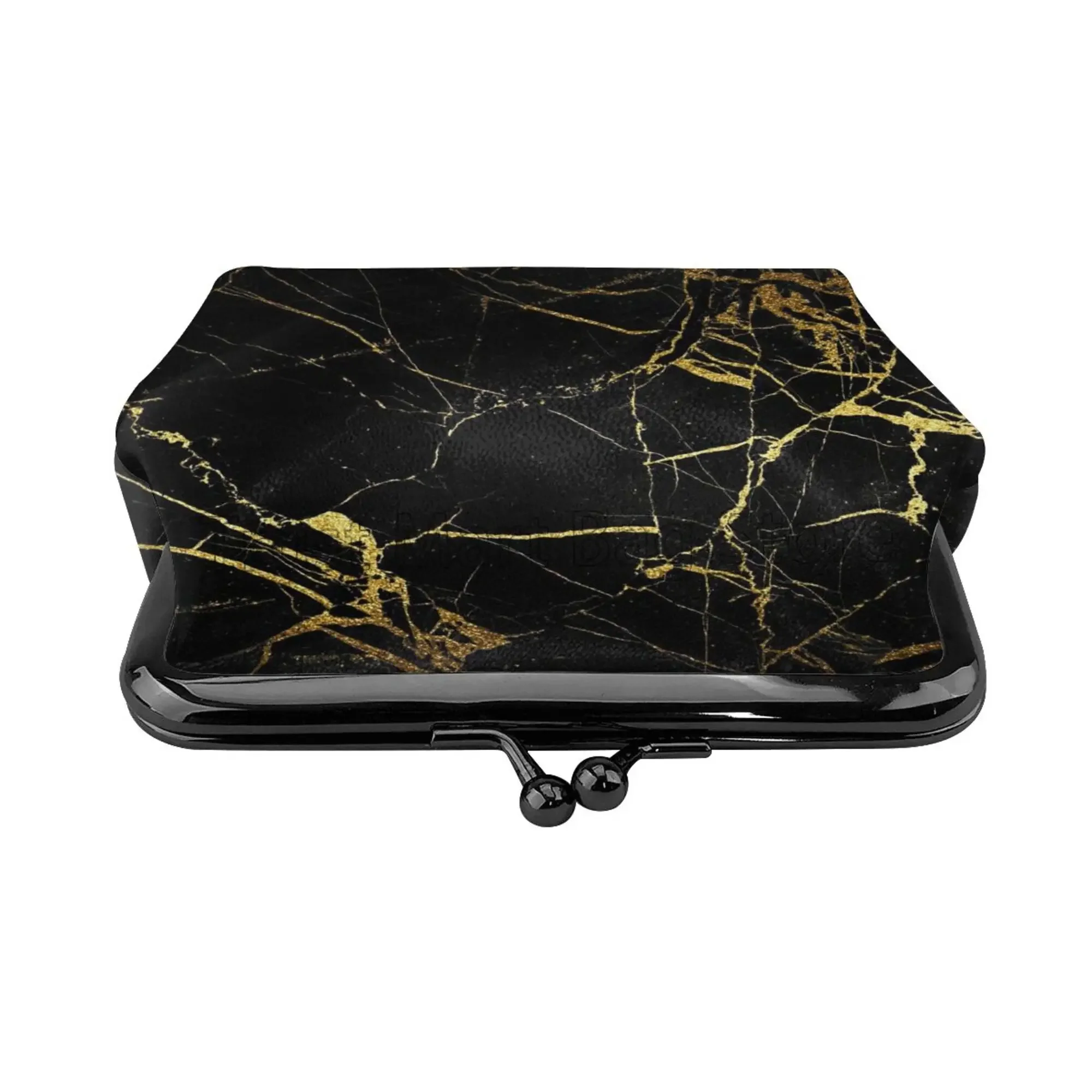 Black Gold Marble Mini Leather Coin Purse for Women Small Change Pouch with Kiss-Lock Clasp Closure Buckle Wallet Gift