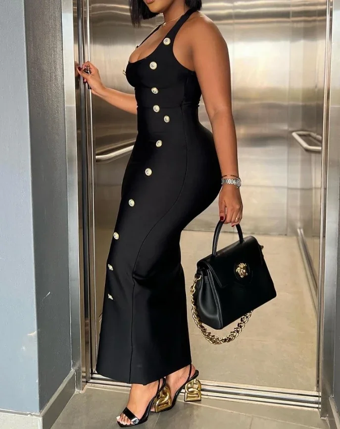 ชุดเดรสสตรี 2025 ฤดูร้อนแฟชั่น Halter แขนกุด Buttoned Casual Plain Maxi Bodycon ชุดราตรี