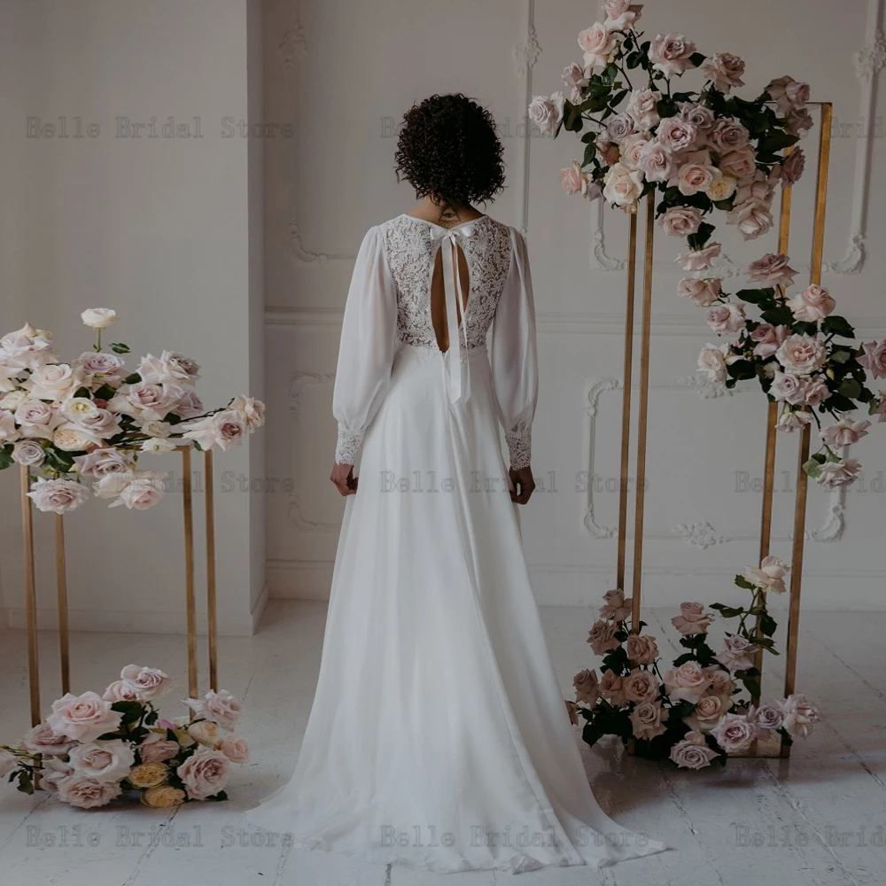 Elegant White Chiffon Wedding Dresses V Neck Long Sleeves Lace Bridal Growns Backless Floor-Length A-line Vestidos De Novia 2023