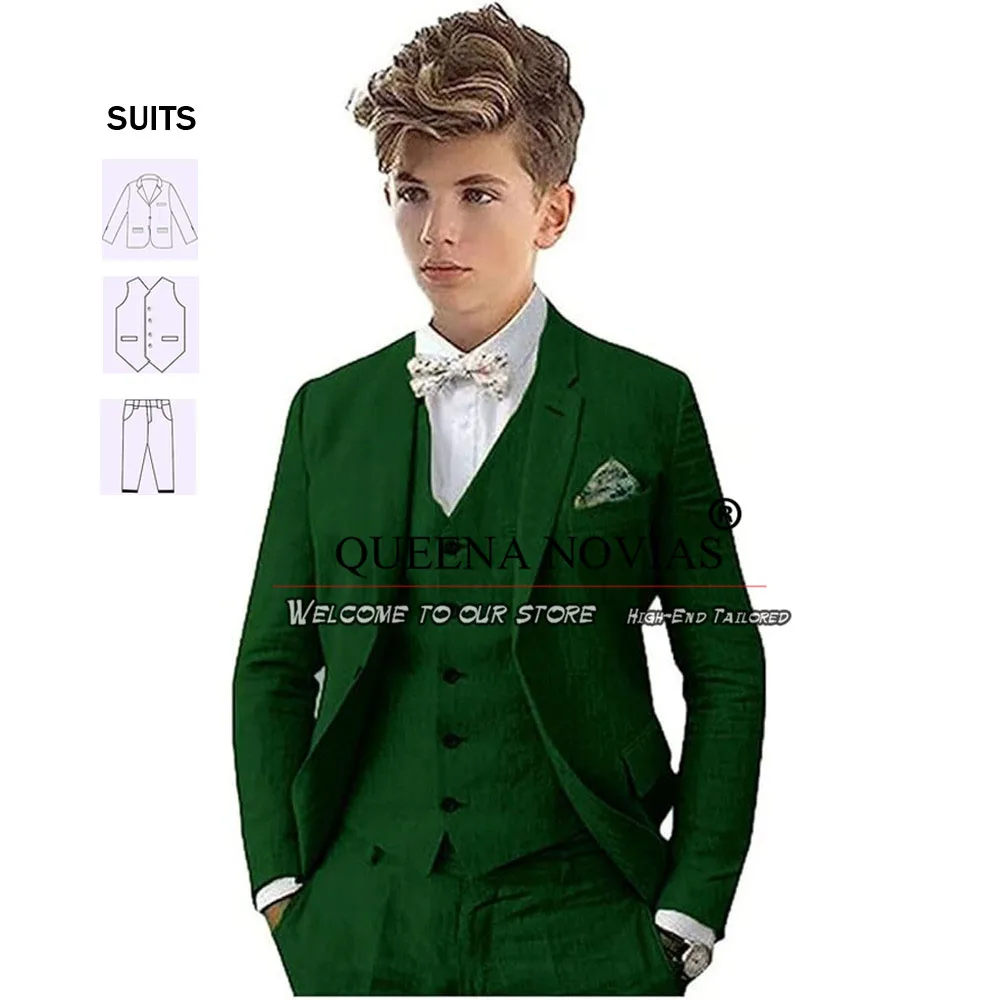 Único Breasted Tailored Smoking de linho para crianças, ternos, colete e calças de casamento, smoking verde, verão, 3 pcs