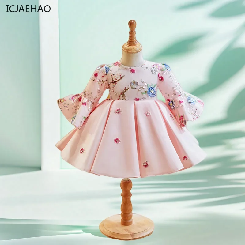 2025 New Girl Dress Satin Spring Banquet Hundred Days Newborn Baby Birthday Children's Dresses Clothing Pink Clothes Vestido