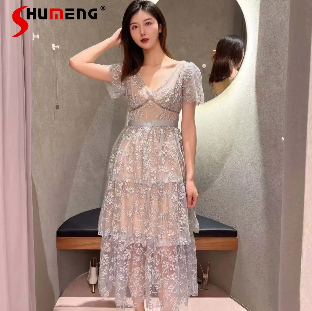 

French Entry Lux Snowflake Sequin Gauze Embroidery Dress Women Sexy V Collar Short Sleeve Layer Cake Midi Dress Vestidos Summer