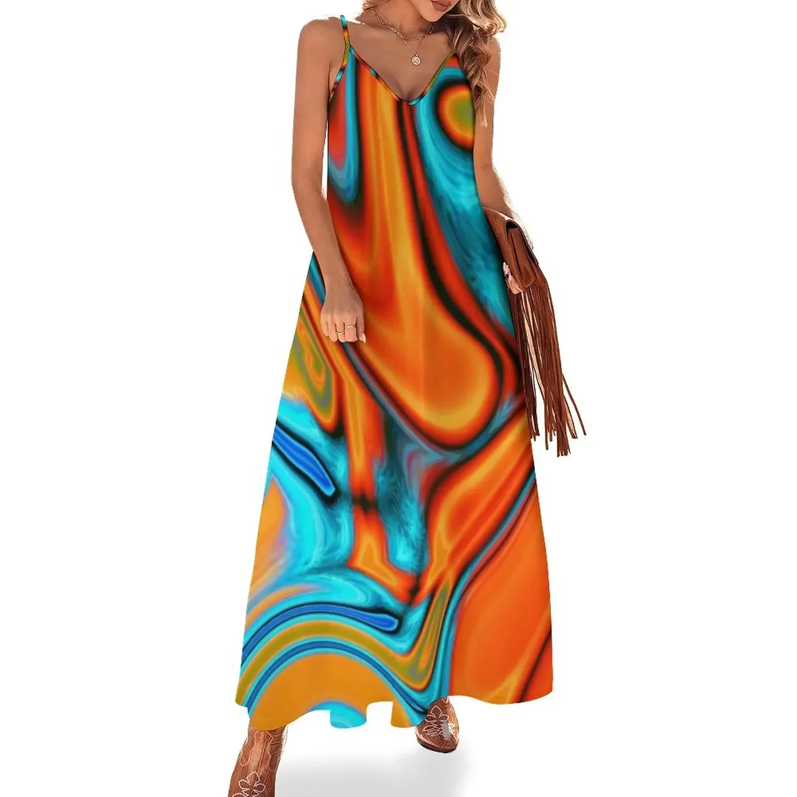 

vivid modern Southwest hipster turquoise orange swirls Sleeveless Dress women's evening dresses 2024 Dress vintage Dress