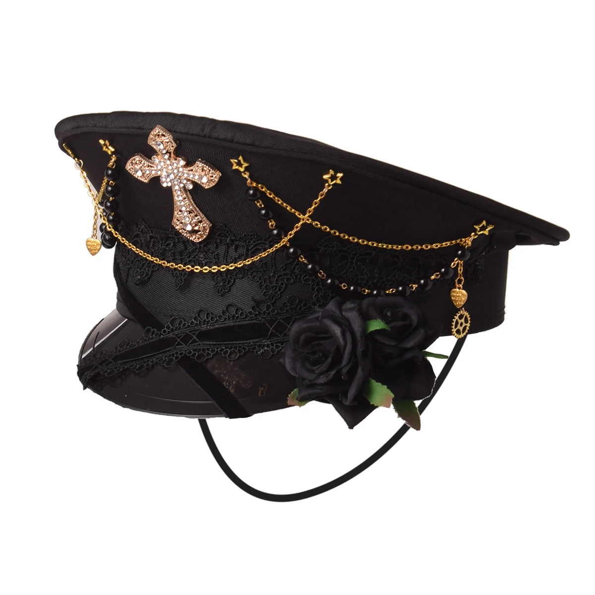 Cappello militare Lolita gotico Berretto da donna Cappelli Steampunk piatti da capitano marinaio con croce nera femminile