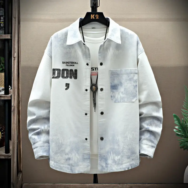2026 Spring New Men Jacket Coat Fashion Gradient Color Streetwear Loose Denim Shirt Print Letter Out Wear Male Top Plus Size 4Xl