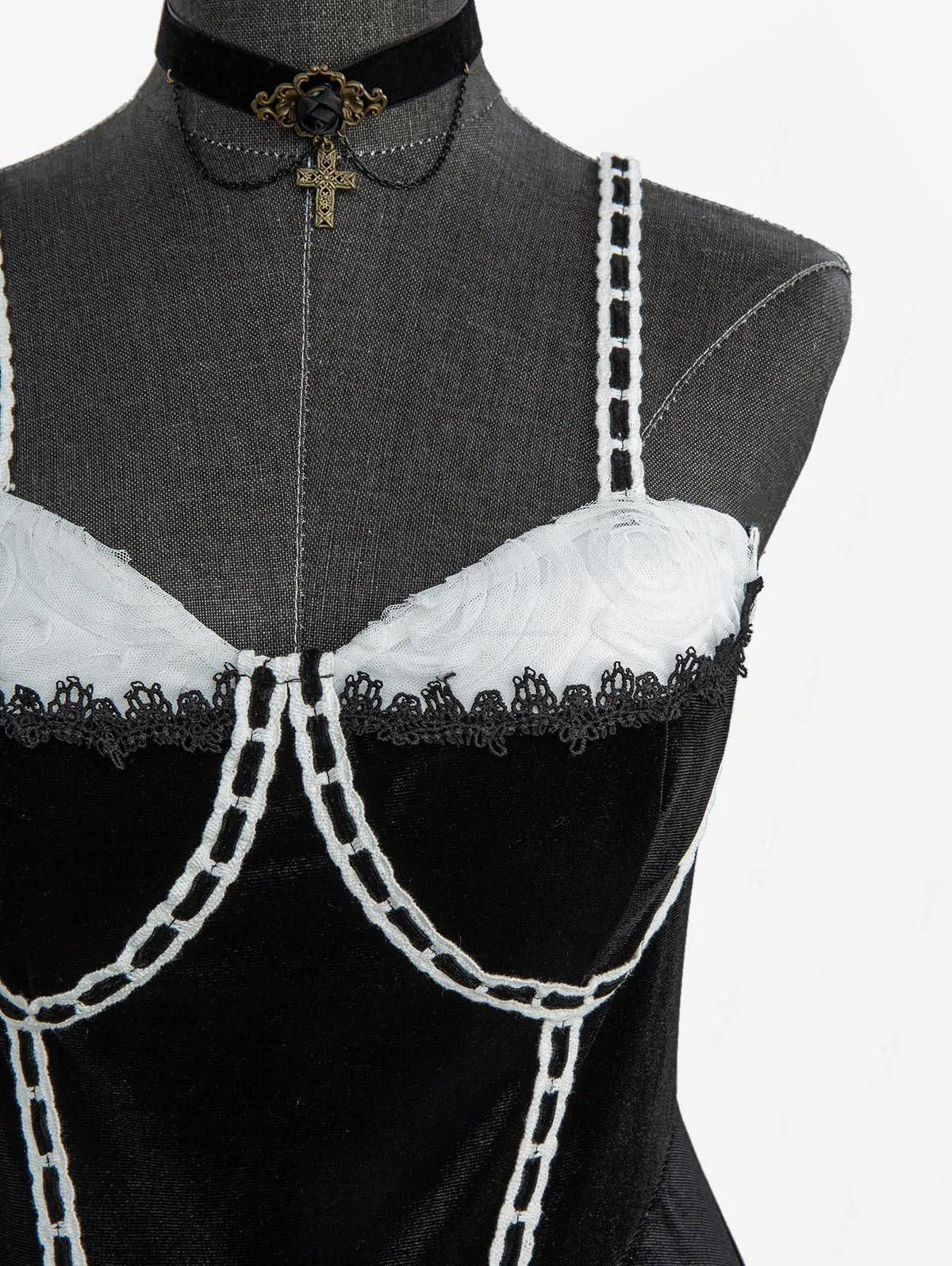 ROSEGAL Abito gotico taglie forti con fiori di rosa, maglia jacquard, pizzo, tubazioni a contrasto, abito a trapezio in velluto