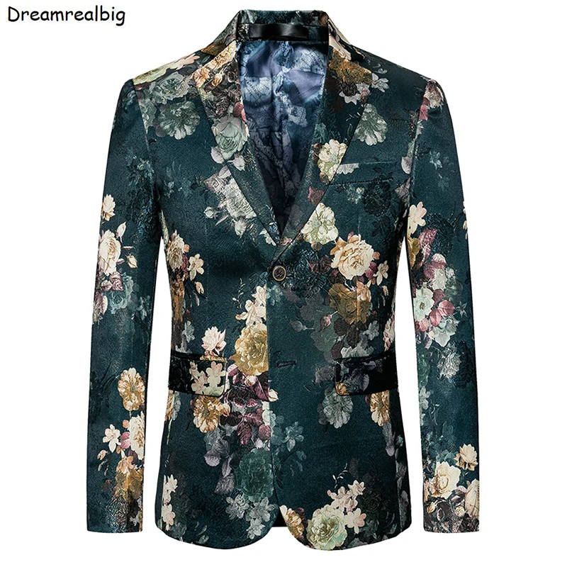 

Floral Men Dark Green Suit Jacket 2023 Spring Autumn Two-Buttons Single Breasted Notched Lapel Smart Casual Blazers Banquet