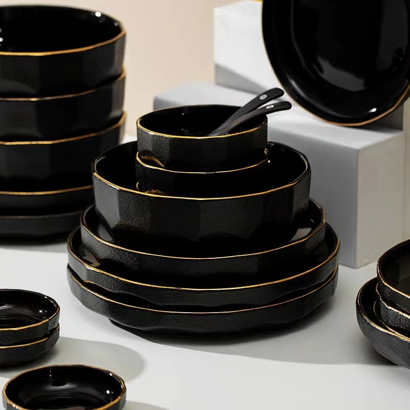 

Black Ceramic Plates and Bowls Set Dinner Plates Dishes Plate for Food Salad Soup Bowl Dinnerware Set for Restaurant Hotel