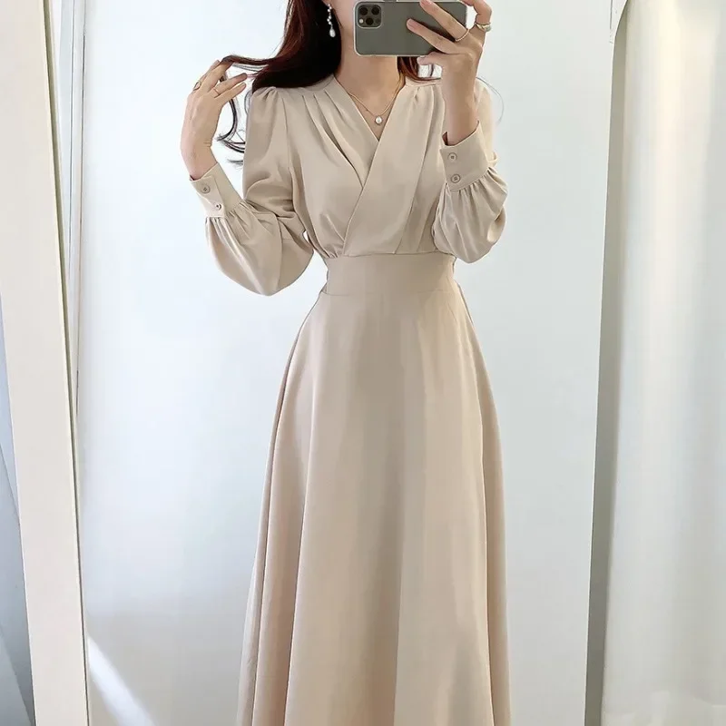 

High Waisted V-neck Dress Long Sleeve A-line Maxi Dress Woman Solid Color Midi Robe Korean Office Dresses Elegant Spring Vestido