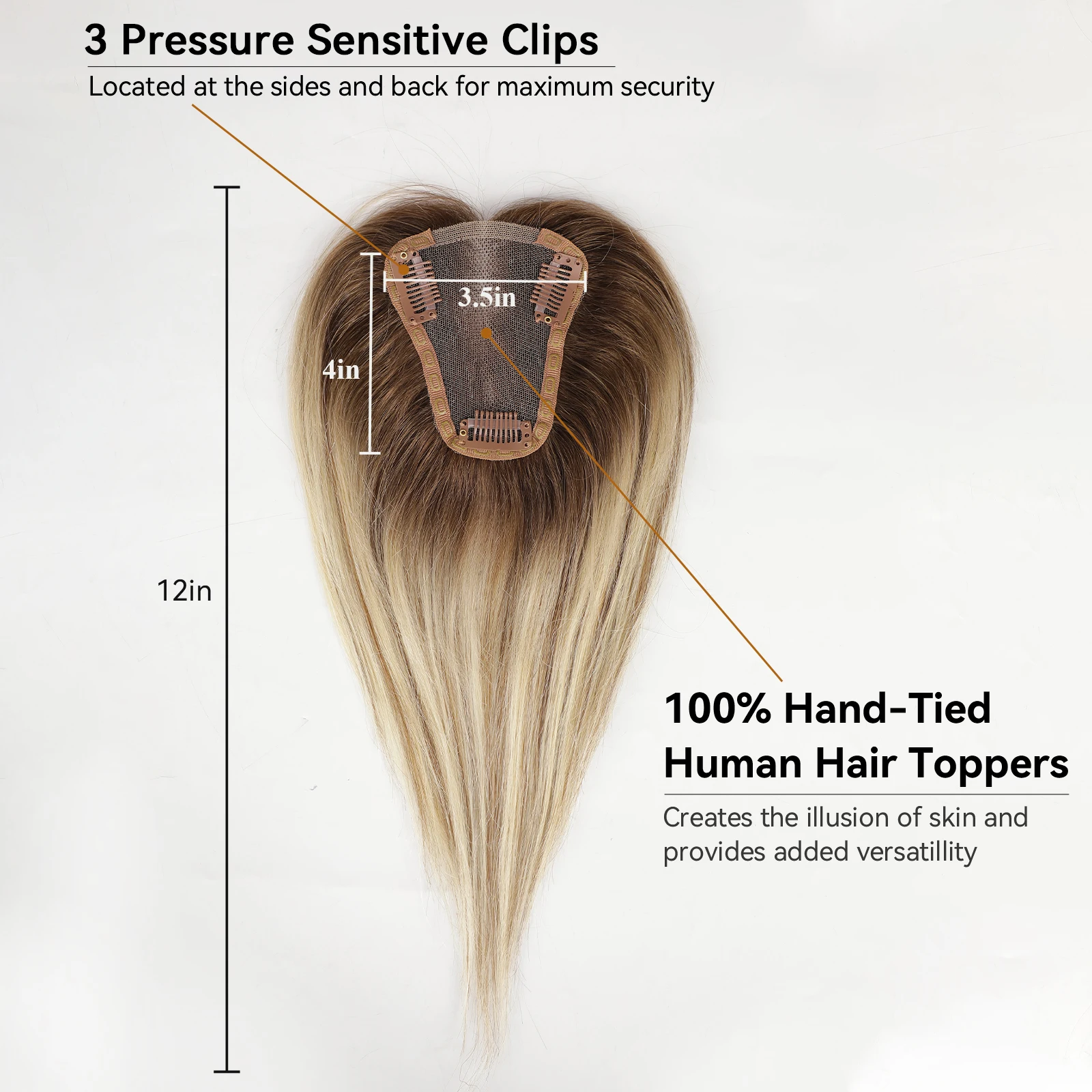 100% Remy cheveux humains Toppers partie centrale Ombre brun clair doré pièces de cheveux humains pour les femmes avec pince à cheveux amincissante dans les Toppers