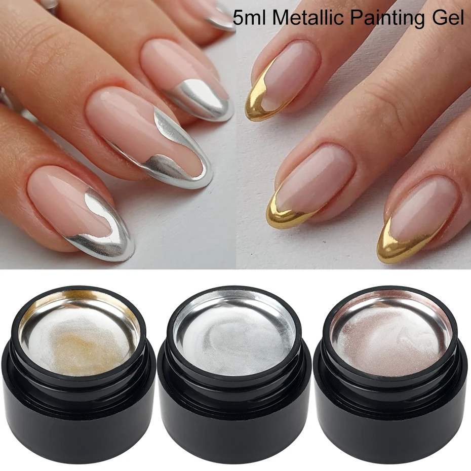 Esmalte de Gel para pintura de uñas cromado con espejo de 5ml, dibujo metálico dorado y plateado, puntas francesas, delineador de araña, barniz de esmalte de Gel UV para uñas