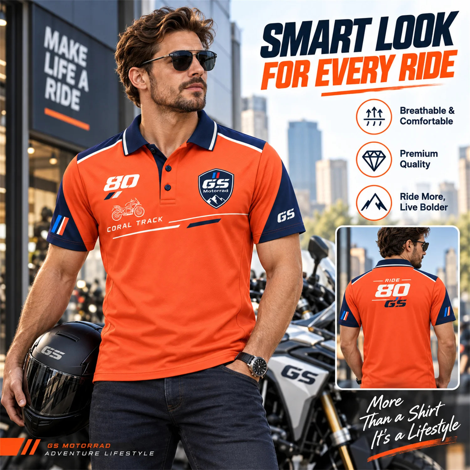 GS Motorrad Motorcycle Polo Shirt Coral Track 80 Graphic Print Short Sleeve Riding Jersey Unisex Biker Adventure Outdoor Wear