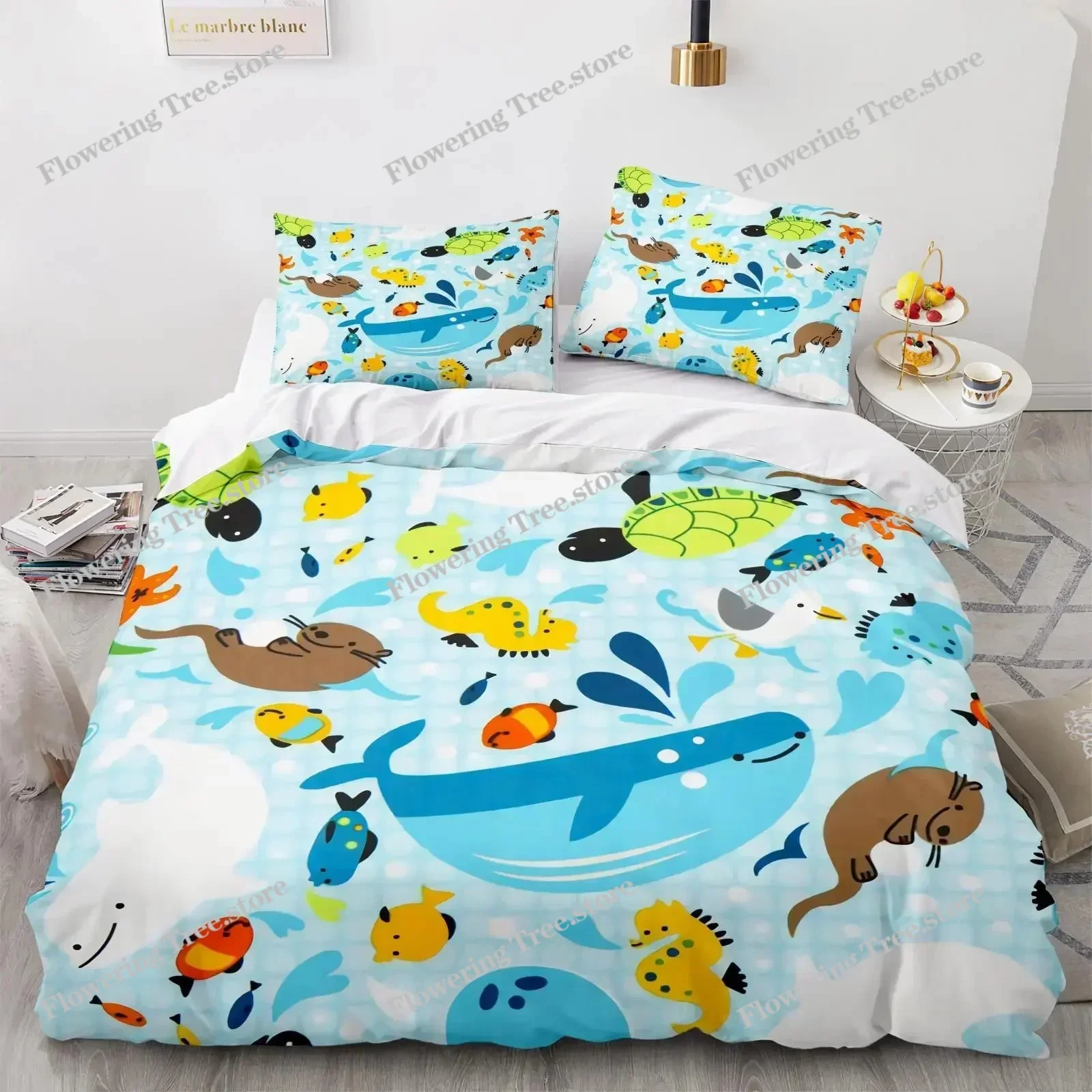 Cartoon Octopus Bedding Set KingQueen Size,Ocean Underwater World Duvet Cover Kids Sea Coral Fish Polyester Quilt Cover