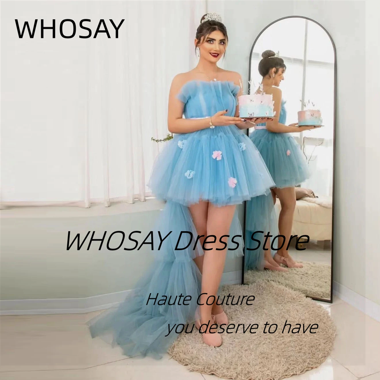 

WHOSAY Birthday Party High Low Tulle Prom Dresses 2024 Ruched Strapless Flowers Evening Gowns Sexy Back Vestidos De Noches