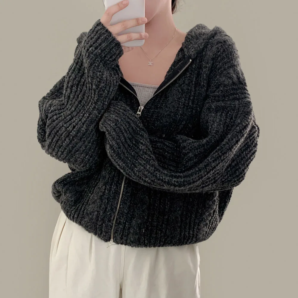

Loose Knitted Sweater Women's Double Zipper Hooded Long Sve Twisted Woolen Coat Casual Commute Sle Faion Outerwear