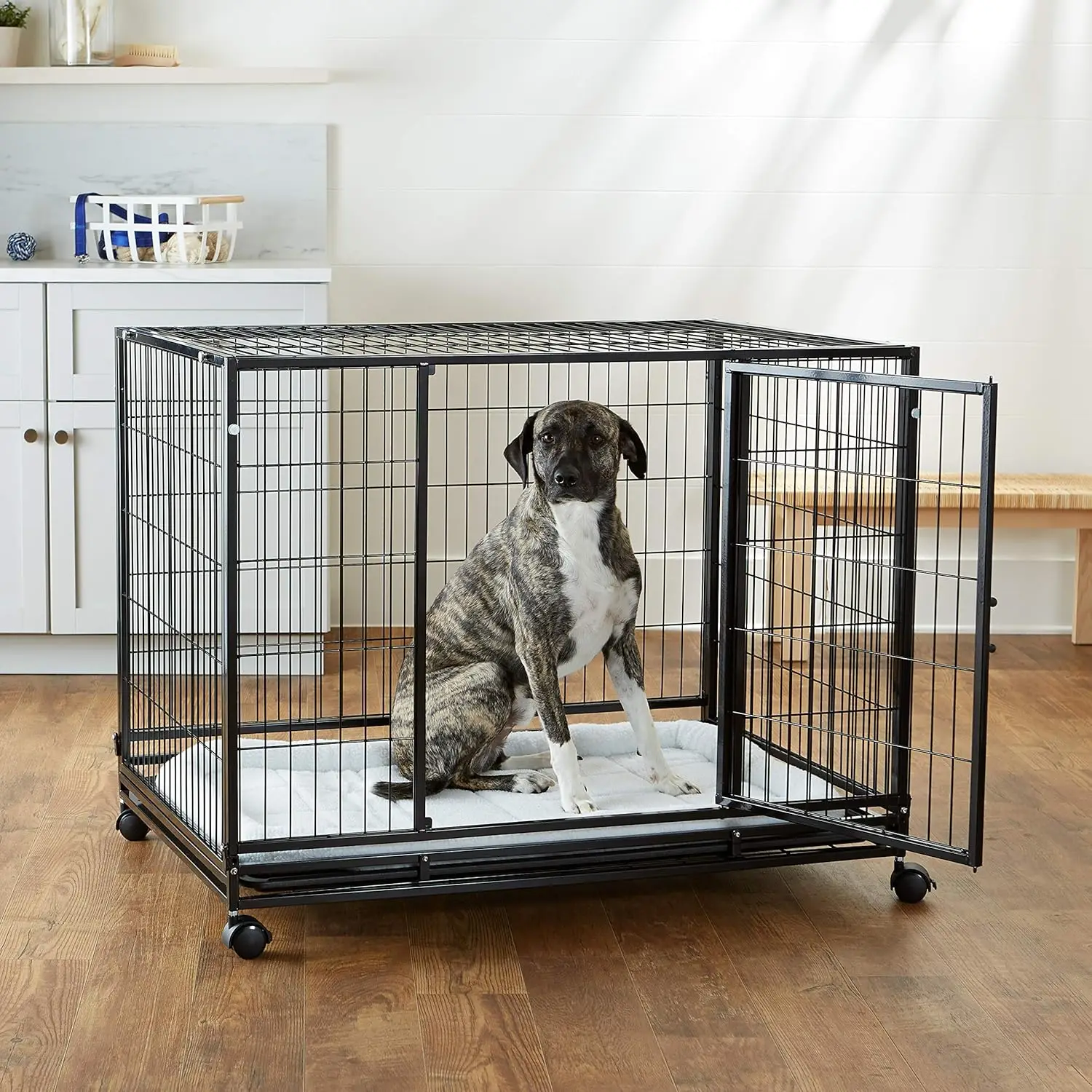 

Portable Heavy Duty Stackable Dog Pet Kennel on Wheels with Tray, Black, 43.5"L x 29.8"W x 34.3"H