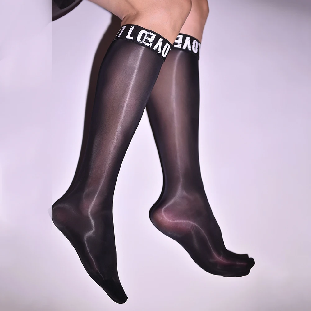 ファッションメンズオイルシャイニーグロッシーロングソックスシースルー通気性ニーハイレタープリントストレッチホーズシアーストッキング