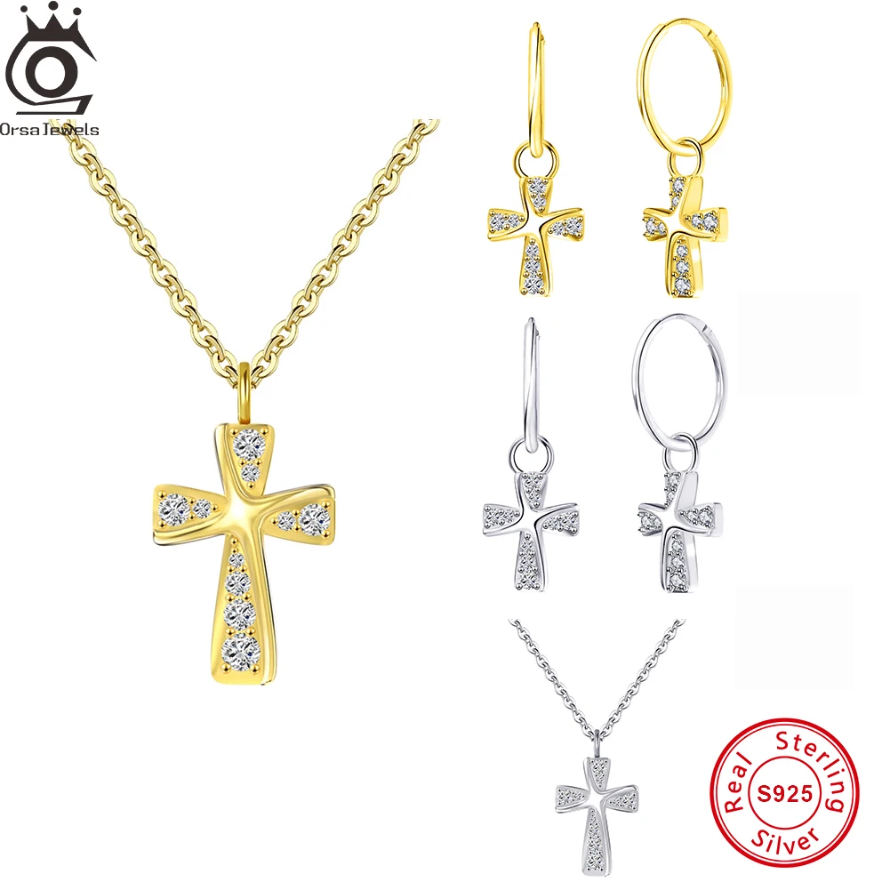 

ORSA JEWELS Shiny 925 Sterling Silver Cubic Zircon Cross Pendants Necklace Earrings Set For Women Fashion Engagement Jewelry