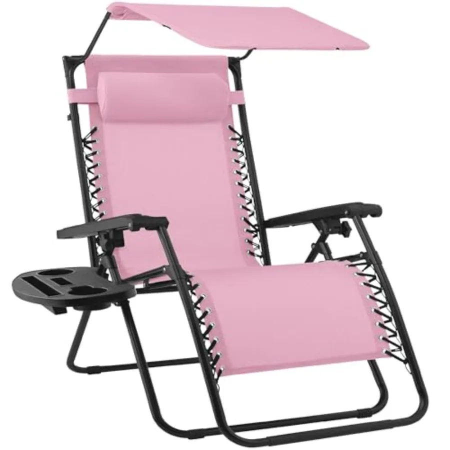 

Outdoor folding zero gravity recliner patio lounge chair with adjustable canopy shade, headrest, side accessory tray, Textilene