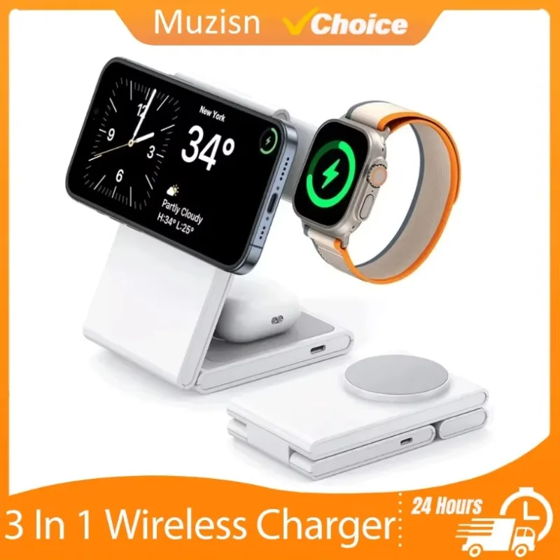 3 In 1 Foldable Wireless Charger Station Desktop Charger Phone Watch Earbuds Holder For iPhone iWatch AirPods Home Office Travel