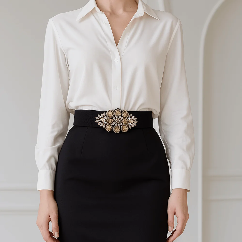 Simple Flower Elastic Cummerbunds Korean Style Strap Belt Women Waistband Wide Black Rhinestone Waist Belt Jacket