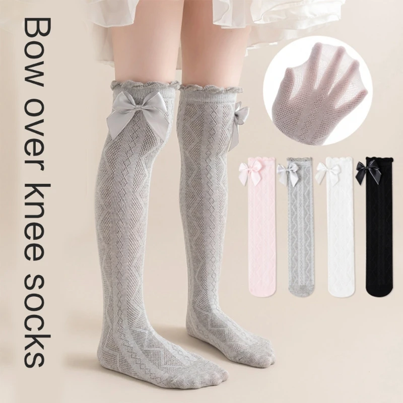 Combed Cotton Socks for School Event Antimosquito Over the Knee Socks for Kids Breathable Bowknot Socks for Little Girl