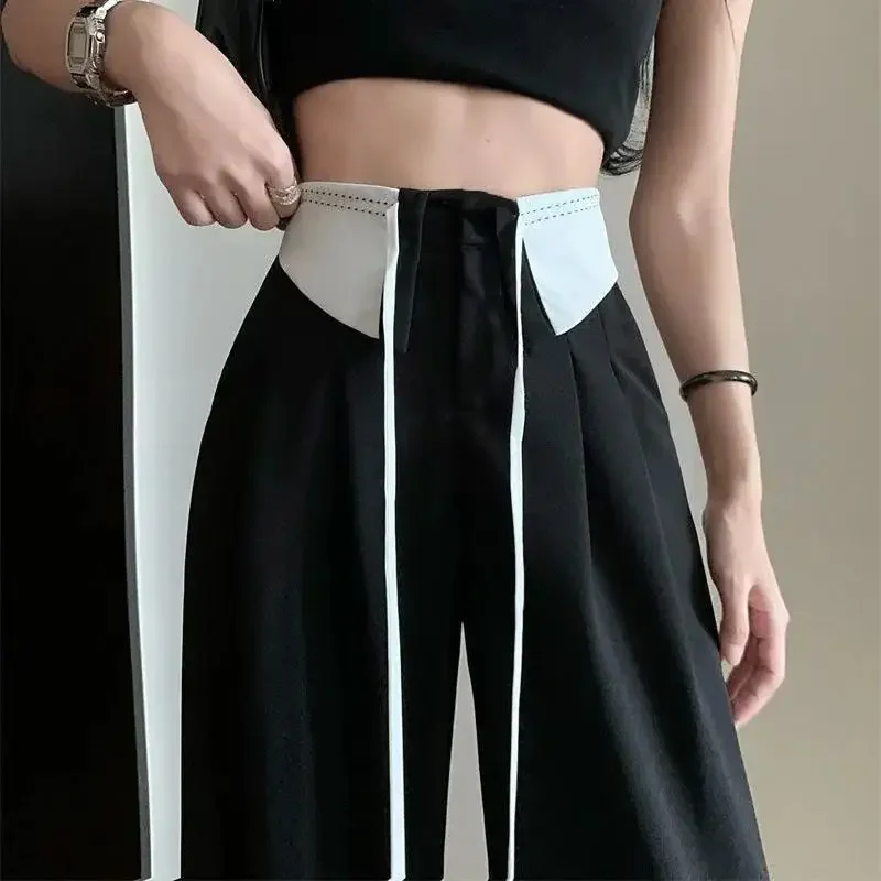 

Korean Black White Patchwork High Waist Loose Straight Regular Pants Female Autumn Drape Lacing Wide Leg Mopping Lengthen Pants