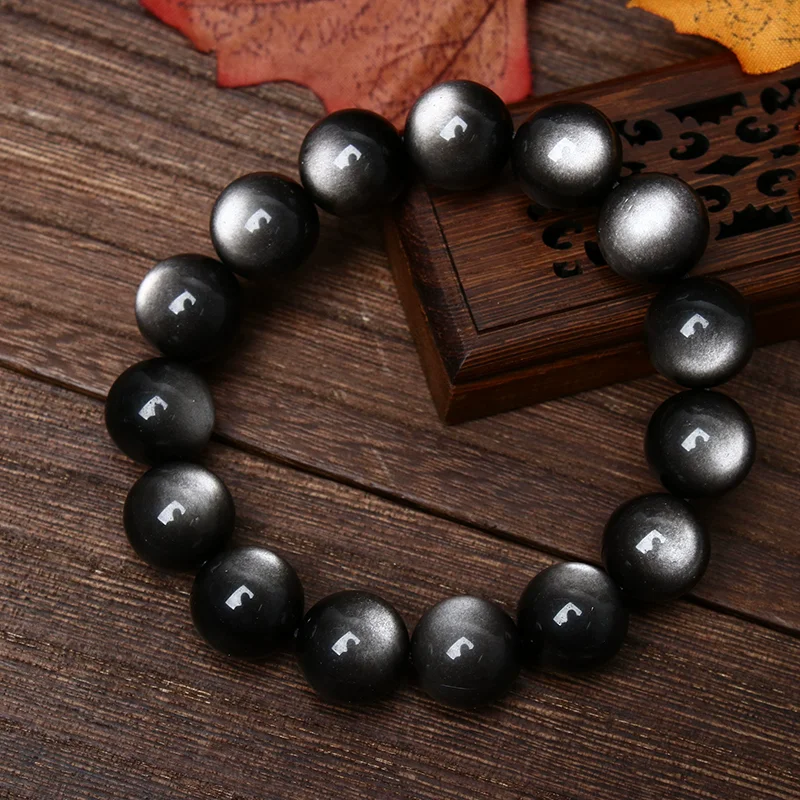 

Natural silver obsidian round bead bracelet for men and women, planet meteorite bracelet, a festival gift for family