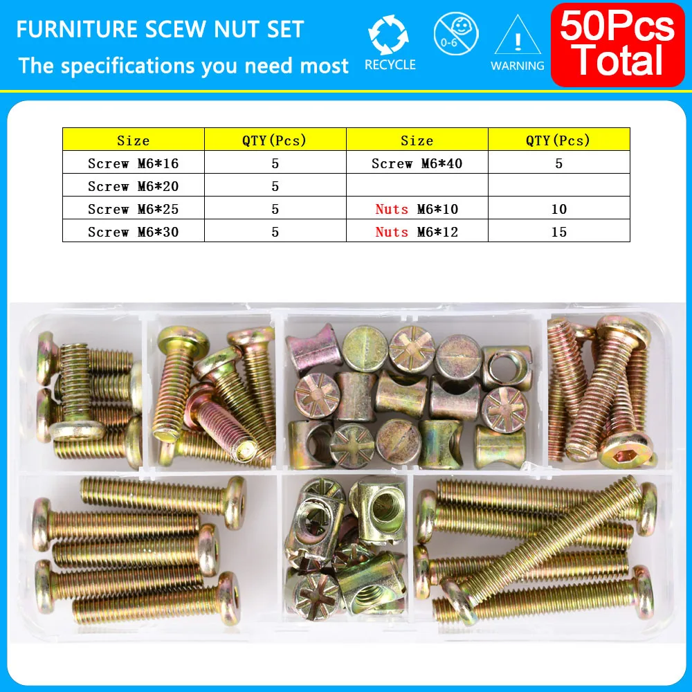 HARFINGTON M6x50mm Furniture Connector Bolt Set – 10-Pack With Nuts & M4 Hex Wrench, Countersunk Carbon Steel, Silver