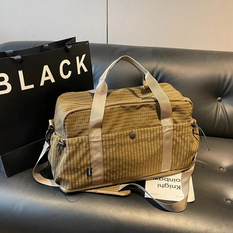 Handheld Short Trip Travel Bag Canvas Plaid Large Capacity Gym Bag Expandable Luggage Bag Boarding Crossbody Bag