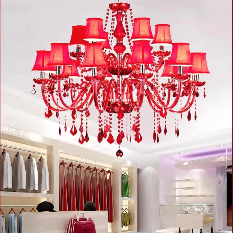 Red Candle Chandelier With Lamp Lampshade Glass Hanging Lights 6/8 Head Wedding Lighting Crystal For Chandelier Home Decorations