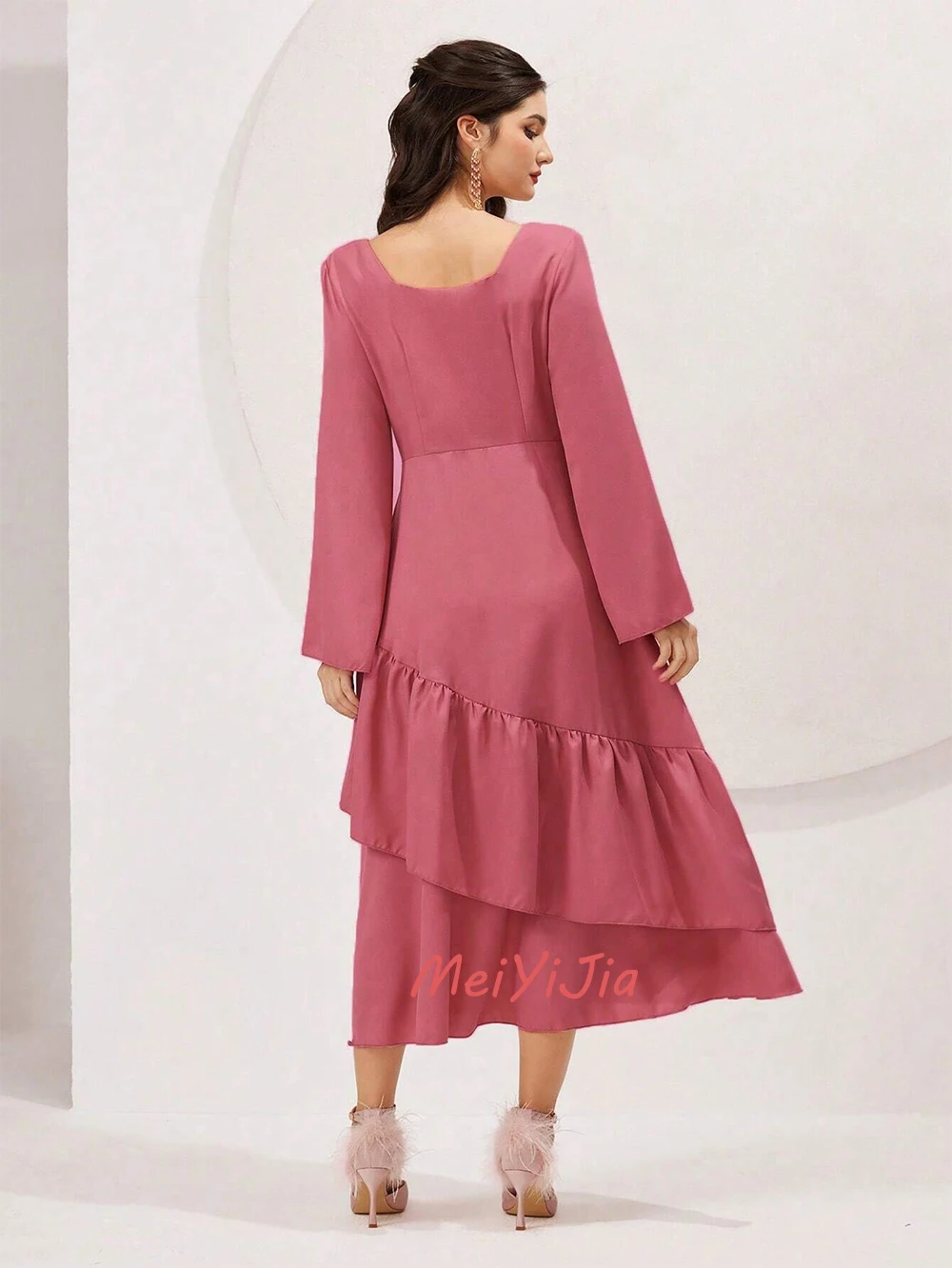 MeiYiJia Simple Square Neckline Ruffle ALine Long-Sleeves Tea-Length Saudi Arabia Sexy Evening Birthday Club Outfits Summer 2024