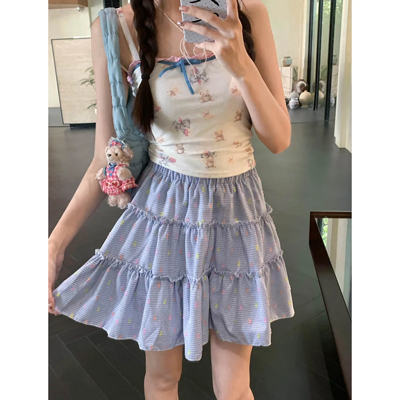 Dopamine Rainbow Plaid Puffy Skirt Women Sweet High Waisted Thin A-line Skirt Girls Loose Casual Versatile Mini Skirt Female